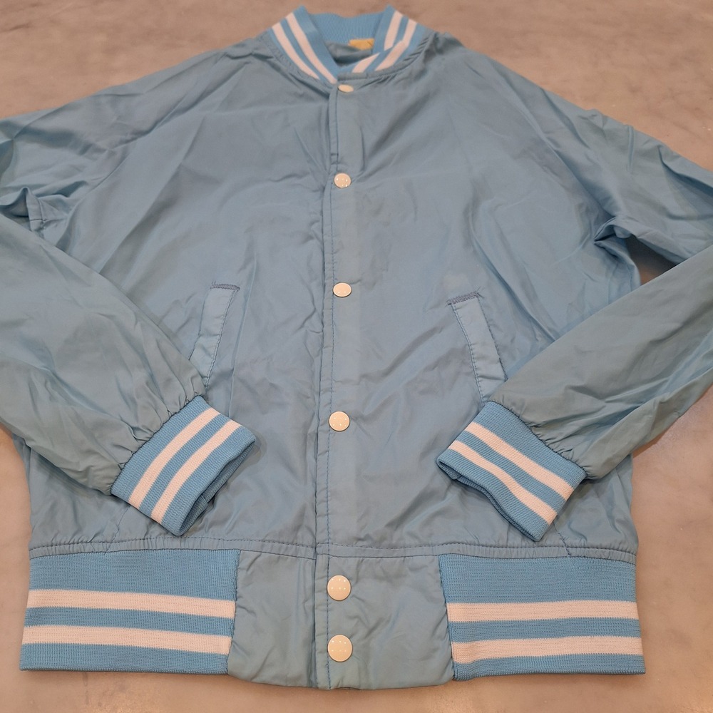 VTG 90s Chalk Line Satin Bomber Jacket M Blue Stripe Varsity Made in USA Unlined